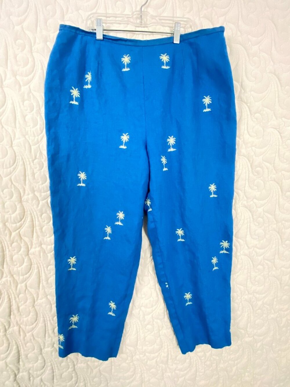 Talbots Irish Linen Palm Tree Pants Lined Blue Cropped Size 18 Side Zipper